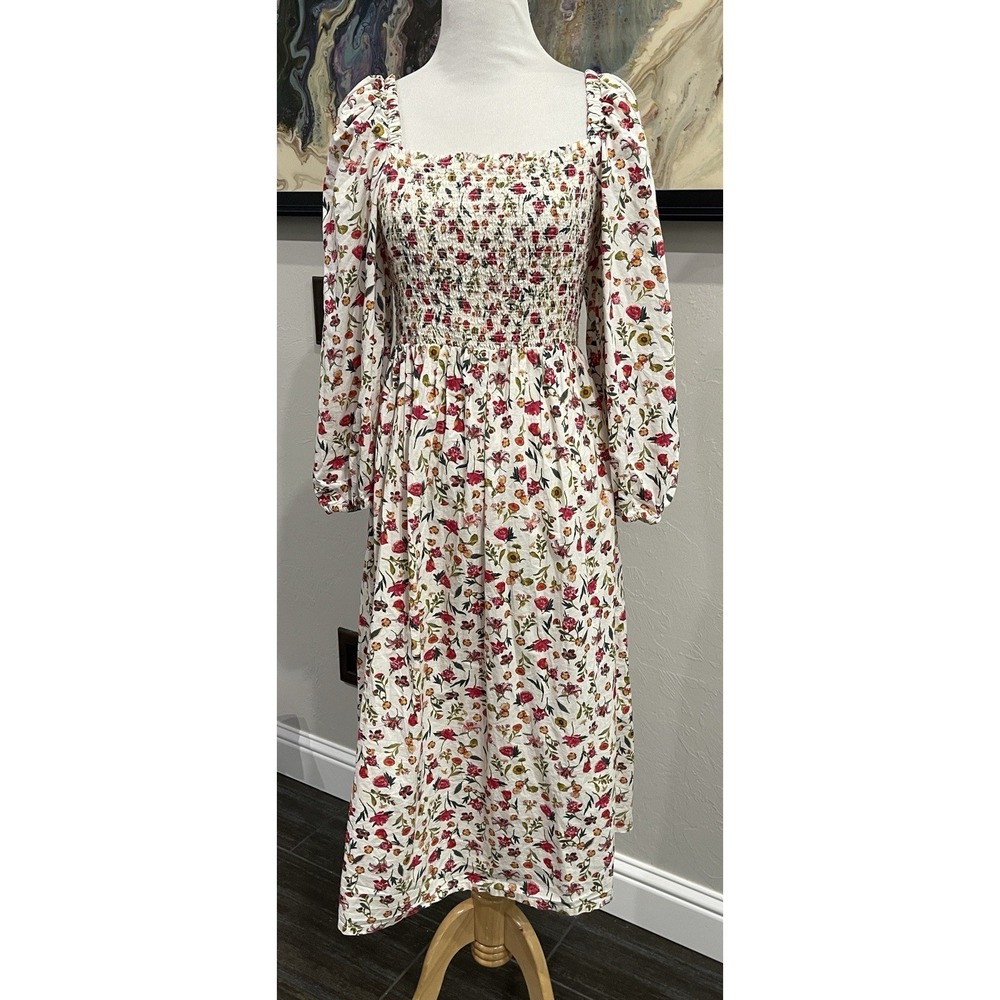 J.Crew Smocked Midi Dress Womens Small White Floral Puff Sleeve Square Neck
